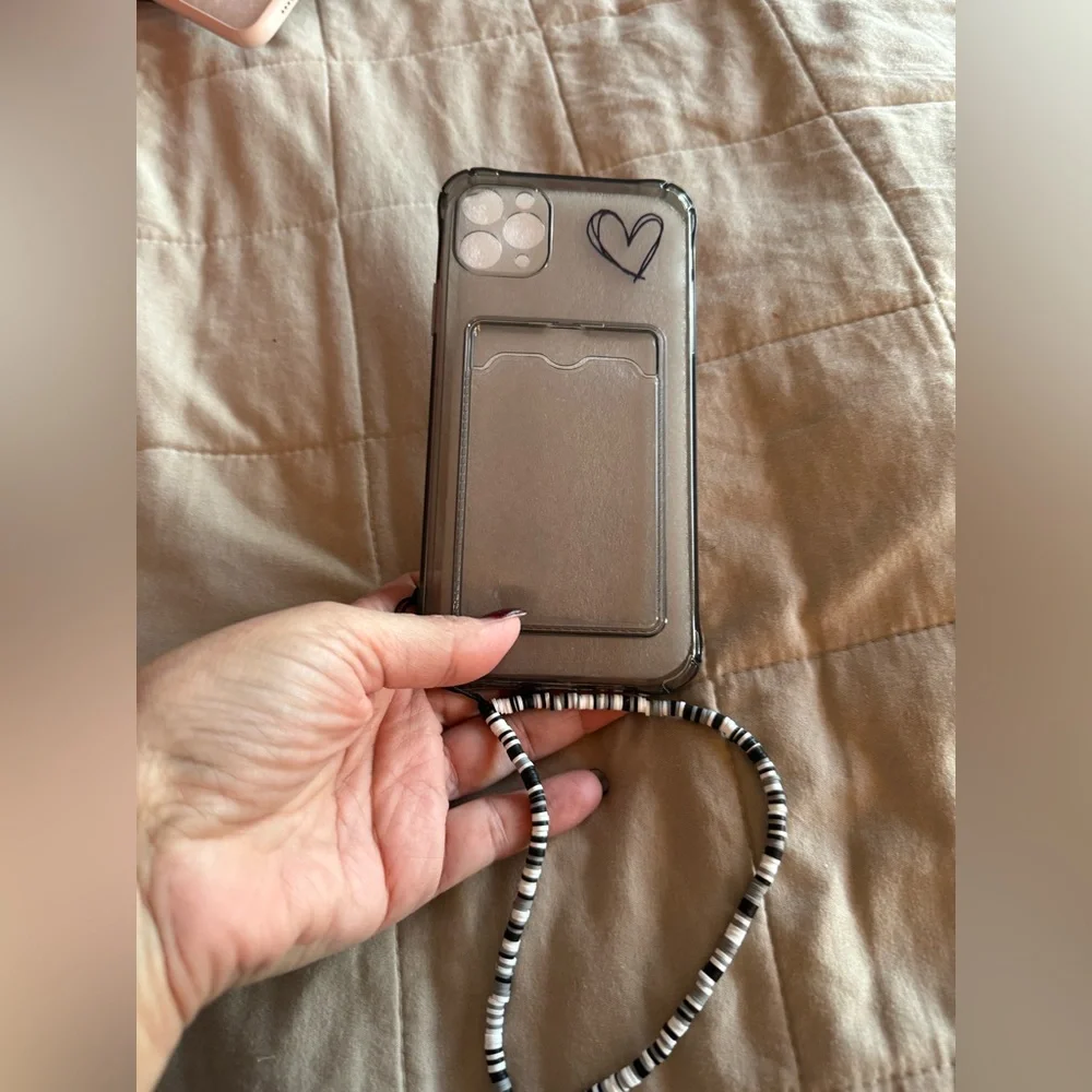 iPhone 11 pro max black clear case with credit card holder and wrist strap
